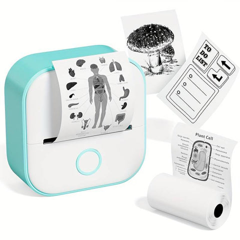 Portable Printer - Compact & Efficient design in white with teal trim, ideal for quick sticker printing on the go, shown with accessories.
