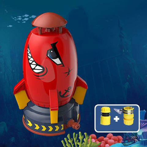 Rocket Shaped Lawn Sprinkler in colorful designs with water-jet feature, ideal for fun and efficient garden watering and kids' outdoor play.