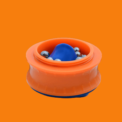 Slingshot Game Cup with blue rubber projectile and orange base, designed for fun party drinking challenges with friends and family.