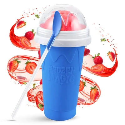 DIY Slushy Maker Cup – Freeze & Squeeze for Instant Slushies at Home in blue with spoon, surrounded by strawberries and icy slush swirls. Perfect for kids and summer treats.