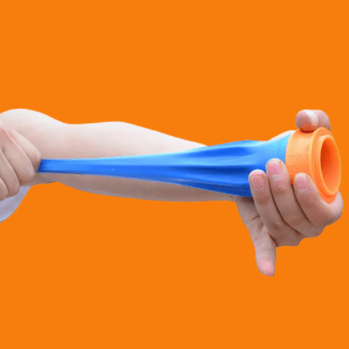 Slingshot Game Cup with blue rubber projectile and orange base, designed for fun party drinking challenges with friends and family.
