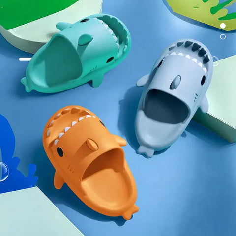 Shark Themed Pool Slides in multiple colors including yellow, pink, blue, and green, designed for fun and comfort during summer activities.