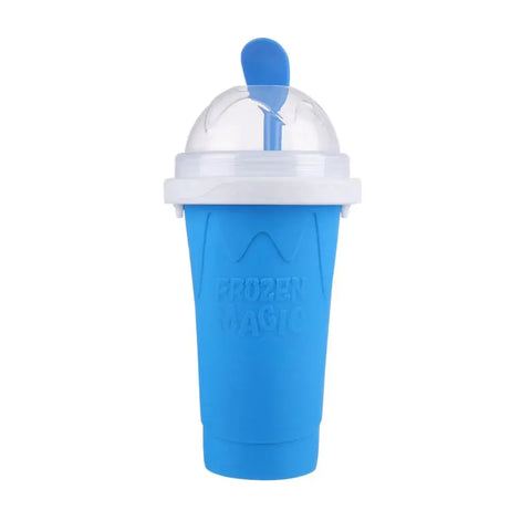 DIY Slushy Maker Cup – Freeze & Squeeze for Instant Slushies at Home in blue with spoon, surrounded by strawberries and icy slush swirls. Perfect for kids and summer treats.