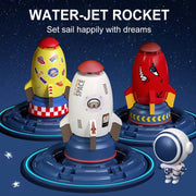 Rocket Shaped Lawn Sprinkler in colorful designs with water-jet feature, ideal for fun and efficient garden watering and kids' outdoor play.