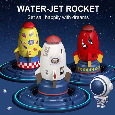 Rocket Shaped Lawn Sprinkler in colorful designs with water-jet feature, ideal for fun and efficient garden watering and kids' outdoor play.