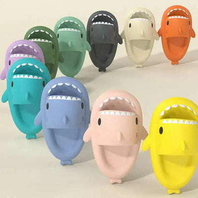 Shark Themed Pool Slides in multiple colors including yellow, pink, blue, and green, designed for fun and comfort during summer activities.