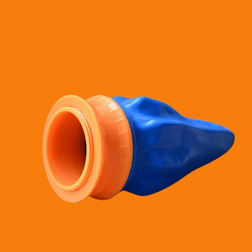 Slingshot Game Cup with blue rubber projectile and orange base, designed for fun party drinking challenges with friends and family.