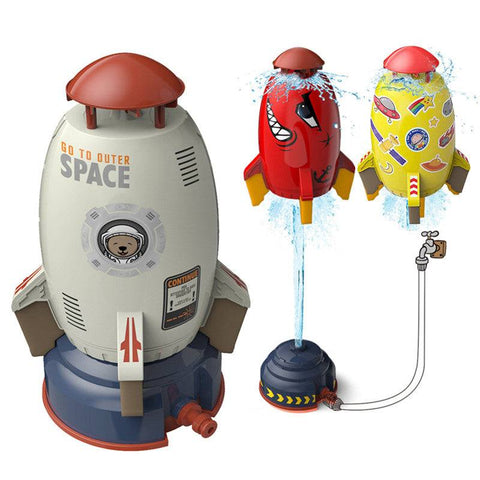Rocket Shaped Lawn Sprinkler in colorful designs with water-jet feature, ideal for fun and efficient garden watering and kids' outdoor play.