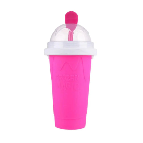 DIY Slushy Maker Cup – Freeze & Squeeze for Instant Slushies at Home in blue with spoon, surrounded by strawberries and icy slush swirls. Perfect for kids and summer treats.