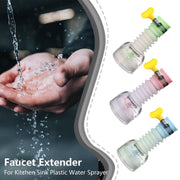360-degree faucet extender for kitchen sinks shown in green, blue, and pink with adjustable spray heads for flexible water flow control.