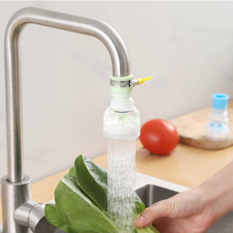 360-degree faucet extender for kitchen sinks shown in green, blue, and pink with adjustable spray heads for flexible water flow control.