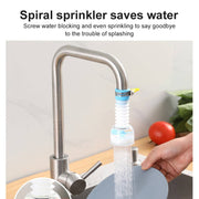 360-degree faucet extender for kitchen sinks shown in green, blue, and pink with adjustable spray heads for flexible water flow control.