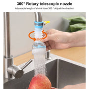 360-degree faucet extender for kitchen sinks shown in green, blue, and pink with adjustable spray heads for flexible water flow control.