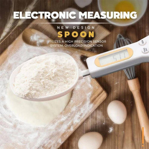 Digital Measuring Spoon Scale with LCD display in black and white, accurately weighing red and green beans for cooking and baking precision.