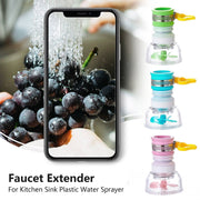 360-degree faucet extender for kitchen sinks shown in green, blue, and pink with adjustable spray heads for flexible water flow control.