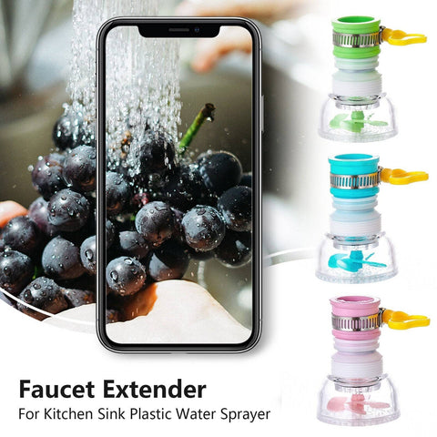 360-degree faucet extender for kitchen sinks shown in green, blue, and pink with adjustable spray heads for flexible water flow control.