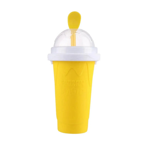 DIY Slushy Maker Cup – Freeze & Squeeze for Instant Slushies at Home in blue with spoon, surrounded by strawberries and icy slush swirls. Perfect for kids and summer treats.